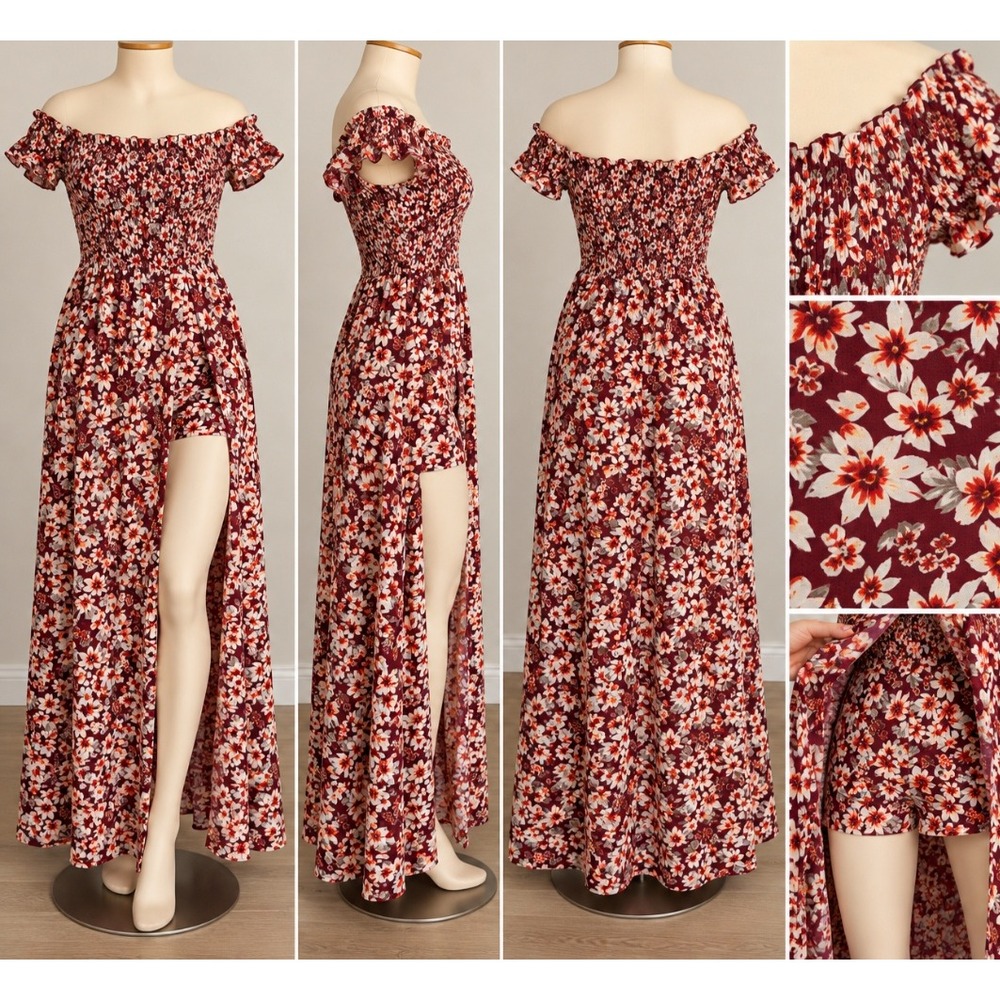 Justify Sz L Floral Smocked Off Shoulder Georgette Maxi Romper Dress Burgundy